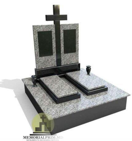 Monument dublu din granit gri cu montare